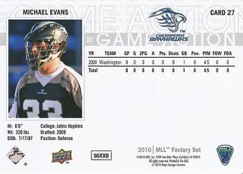 2010 Upper Deck Major League Lacrosse #27 Michael Evans Back